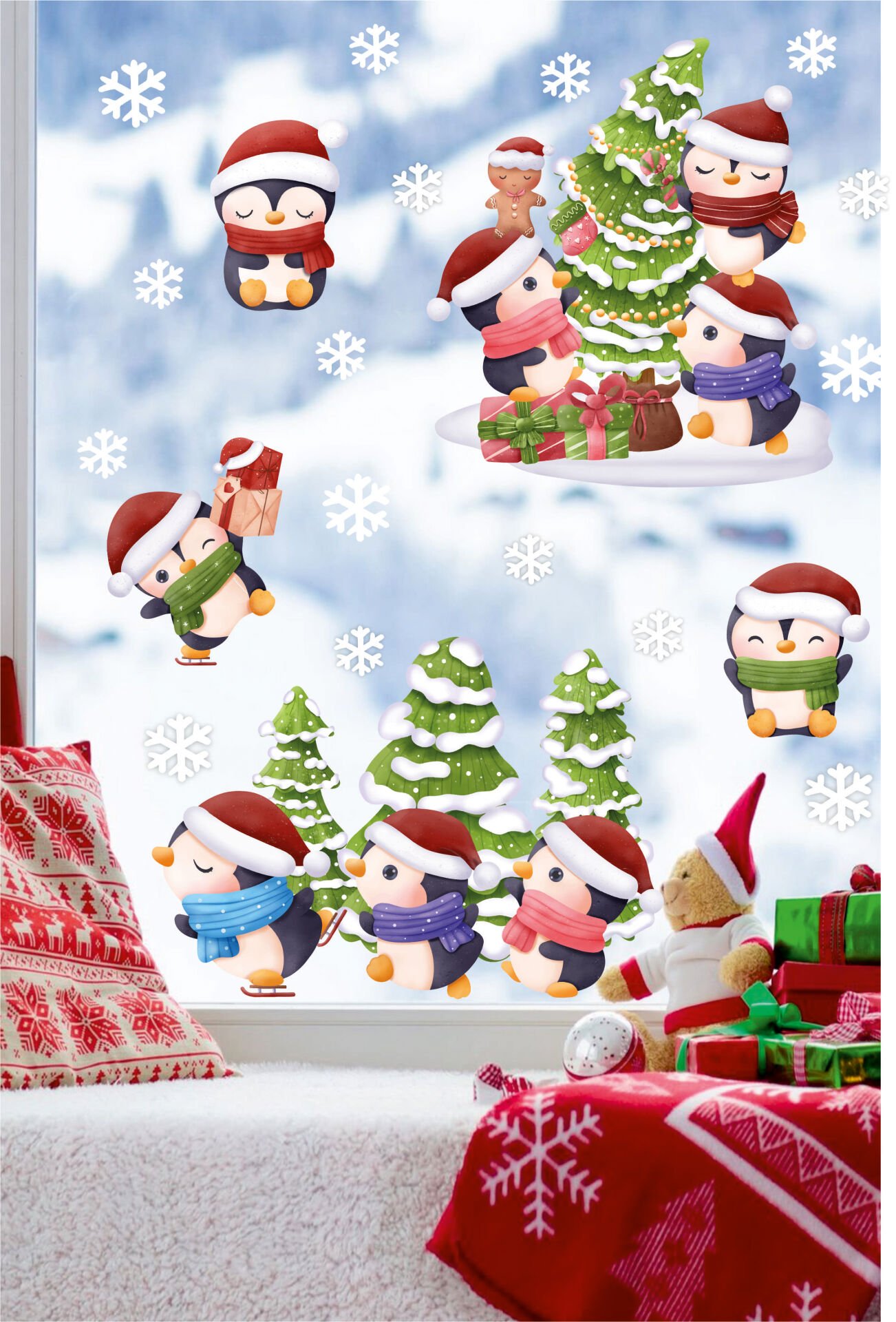 Sevimli Yılbaşı Penguenleri Beyaz Kar Taneleri Ve Yılbalı Ağacı Çocuk Bebek Odası Duvar Cam Sticker