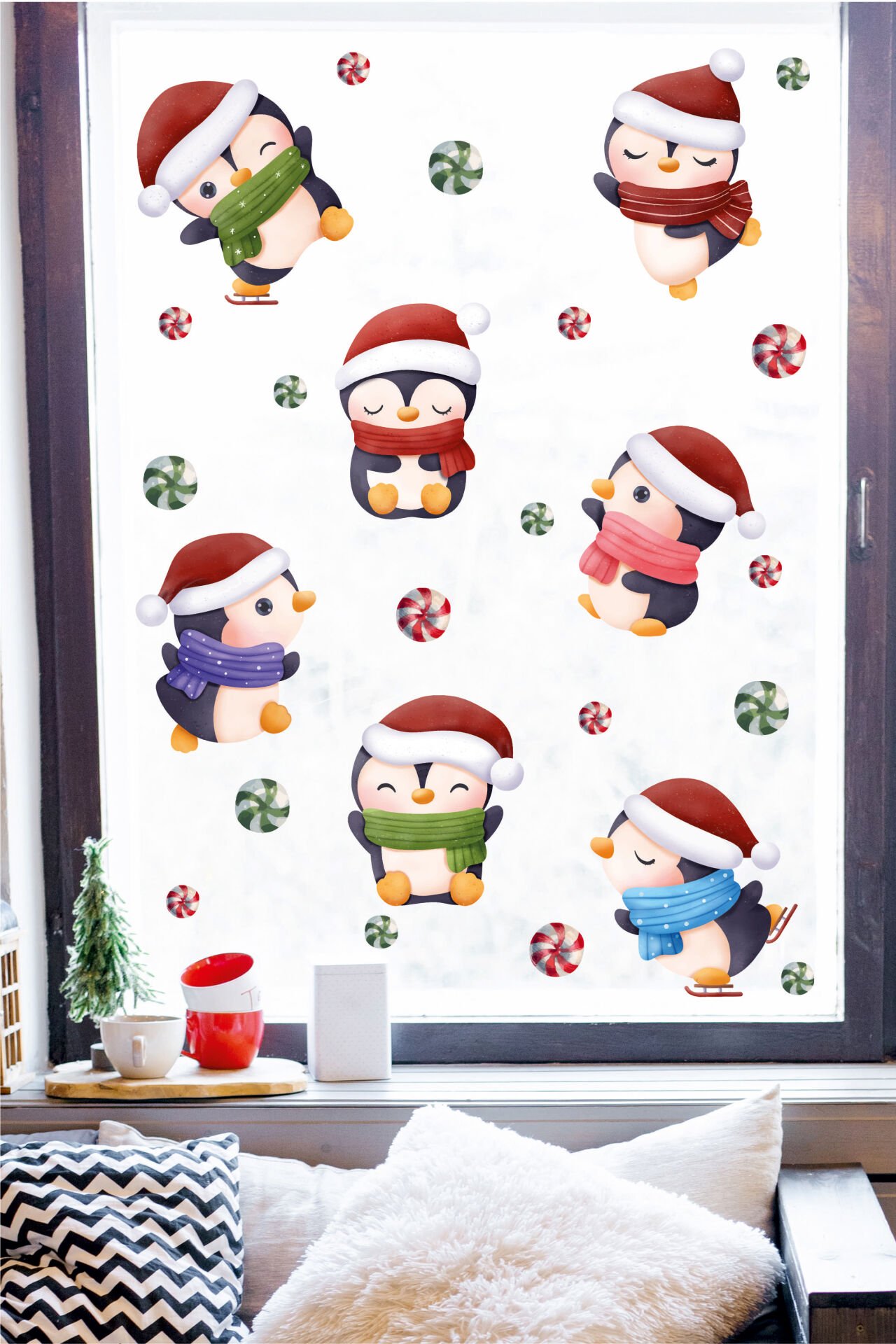Sevimli Penguenler Ve Yeni Yıl Objeleri Çocuk Bebek Odası Duvar Cam Sticker