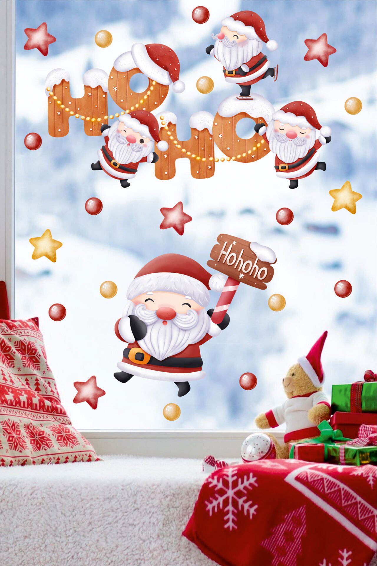 Sevimli Yılbaşı Noel Baba Ve Yeni Yıl Objeleri Çocuk Bebek Odası Duvar Cam Sticker