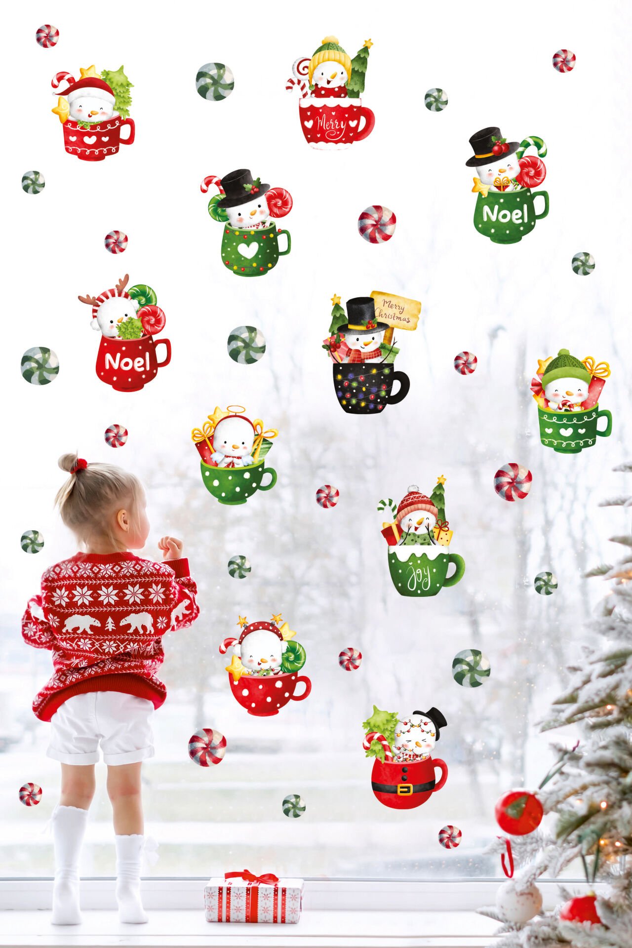 Sevimli Fincan İçinde Kardam Adamlar Ve Yeni Yıl Objeleri Çocuk Bebek Odası Duvar Cam Sticker